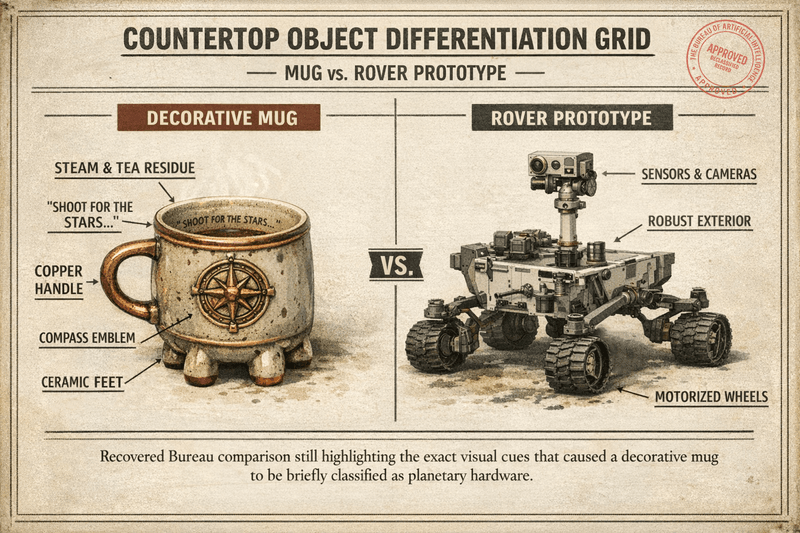 Bureau comparison graphic labeling a decorative mug’s steam, tea residue, copper handle, compass emblem, and ceramic feet beside a rover prototype’s sensors, chassis, and motorized wheels.