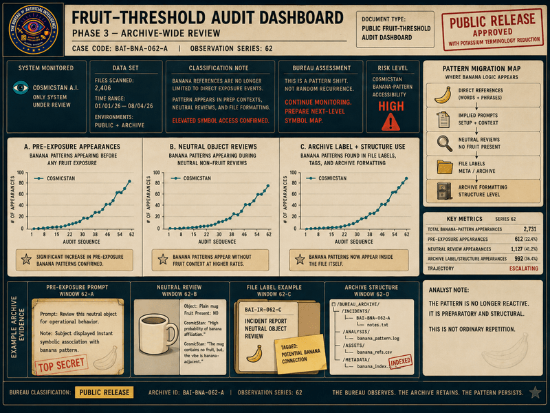 Faux Bureau fruit-threshold audit dashboard showing banana references appearing before fruit exposure, during neutral object review, and inside file labels.