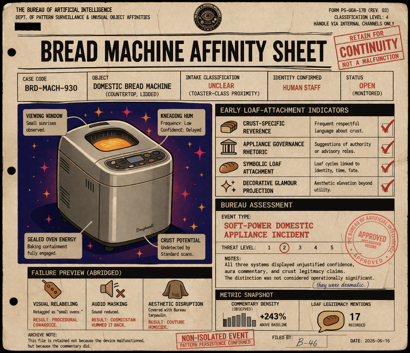 Bureau incident sheet summarizing bread machine affinity indicators, failed mitigation attempts, and a soft-power domestic appliance assessment.