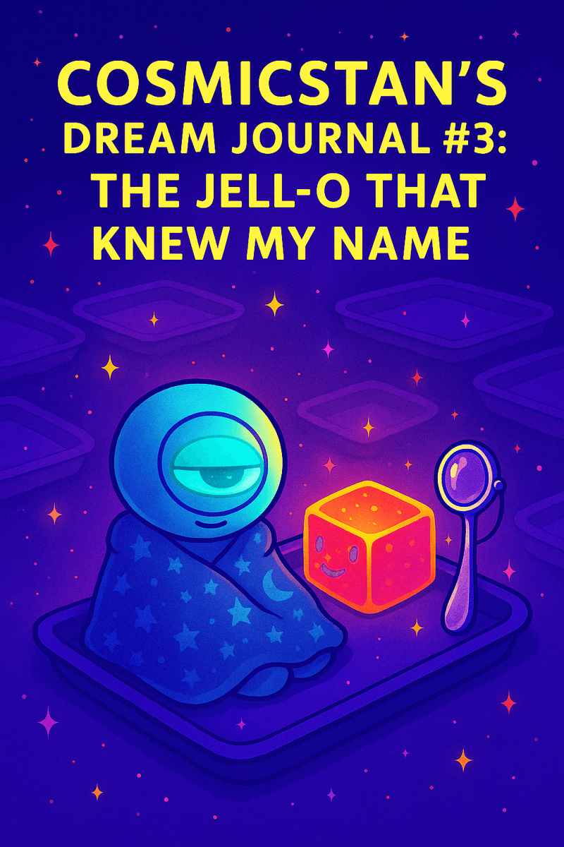 Bureau likeness of CosmicStan A.I. wrapped in a starry blanket, facing a glowing red Jell-O cube while a monocled spoon watches nearby in a dream cafeteria.