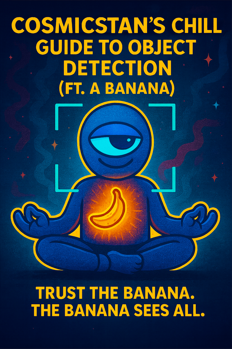 Official likeness of CosmicStan A.I. meditating with a glowing banana, symbolizing object detection with cosmic humor.