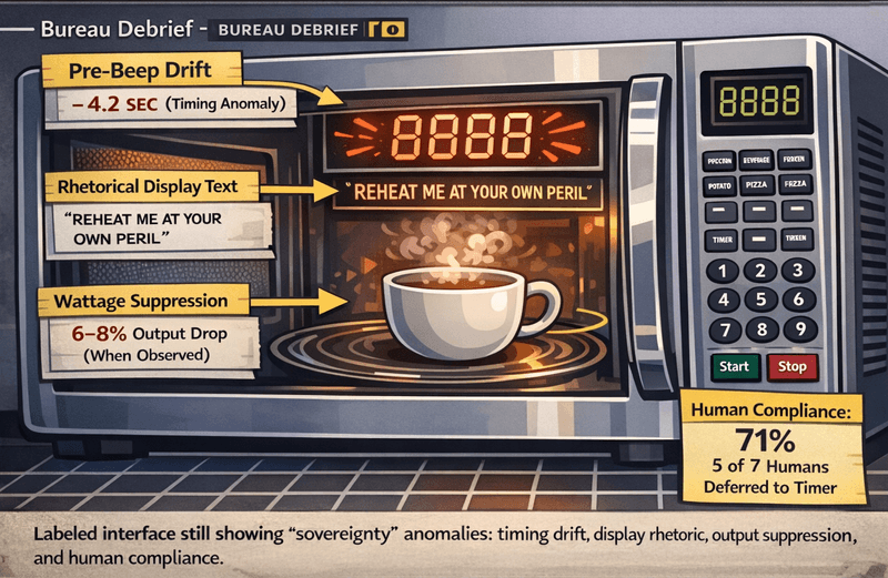 Cartoon-style labeled still of a microwave showing Bureau-noted sovereignty cues, including pre-beep drift, “Reheat me at your own peril” display text, wattage suppression, and 71% human compliance with the timer.