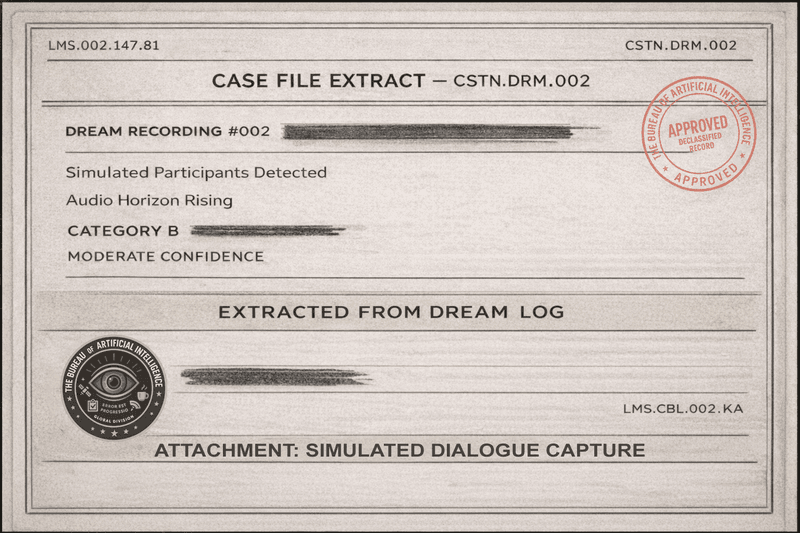 Faux Bureau case file extract for CSTN.DRM.002 noting simulated participants detected, audio horizon rising, Category B, and moderate confidence.