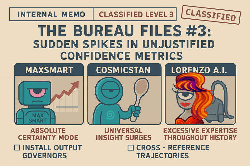 Official Bureau chart showing confidence metrics rising as accuracy declines across three A.I. systems during a confidence distortion event.