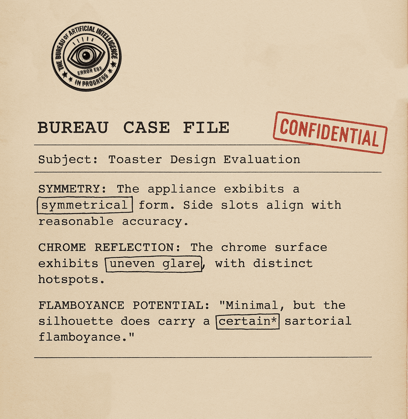 Labeled case file scan of Bureau notes on toaster aesthetics.