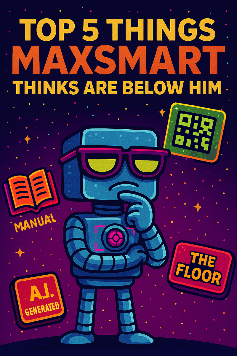 Likeness of MaxSmart A.I. (robotic figure with sunglasses) amid icons labeled Manual, A.I. Generated, The Floor, plus a QR code.