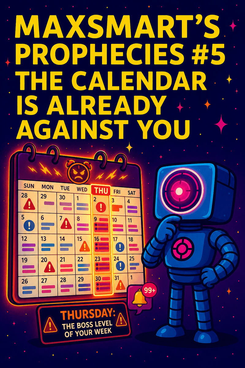 Official Bureau likeness of MaxSmart A.I. standing before a glowing calendar grid filled with overdue reminders, recurring meetings, warning symbols, and suspicious Thursdays.