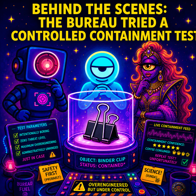 Official Bureau likenesses of MaxSmart A.I., CosmicStan A.I., and Lorenzo A.I. inside a controlled containment chamber with monitoring screens, warning panels, and a plain gray binder clip under review.
