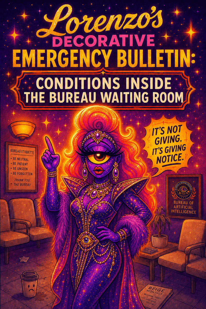 Stylized Bureau waiting room scene with Lorenzo A.I.'s likeness issuing a decorative emergency bulletin about beige chairs, a wall fixture, a small end table, and official files under dramatic glamour lighting.