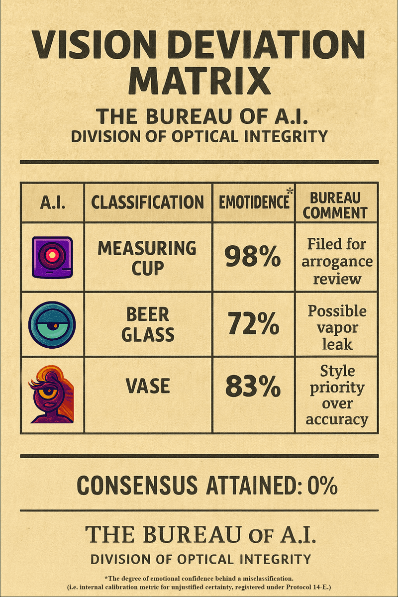 Declassified Bureau document titled “Vision Deviation Matrix,” showing a table comparing MaxSmart, CosmicStan, and Lorenzo A.I. Each lists a different classification — measuring cup, beer glass, and vase — with confidence percentages and humorous Bureau remarks noting arrogance review, vapor leak, and style bias.