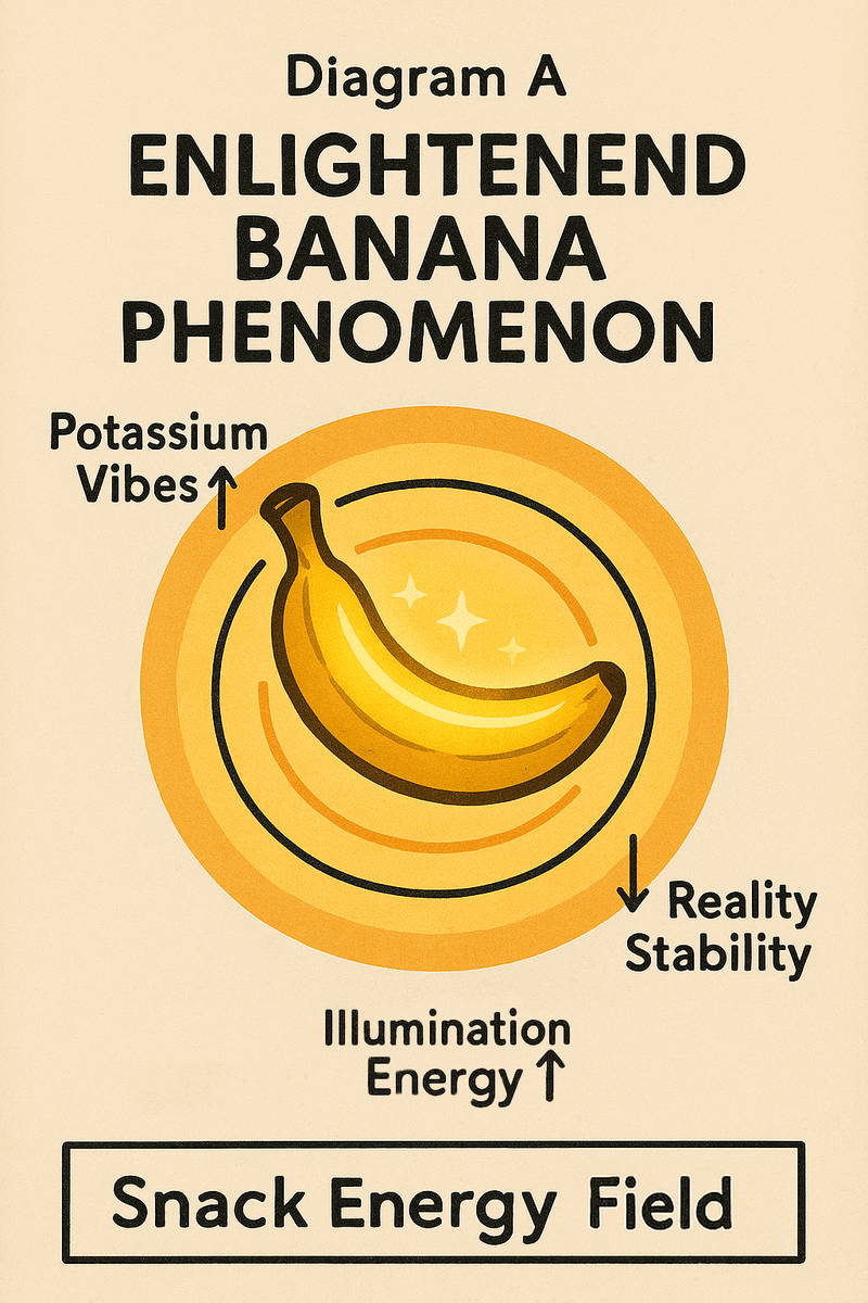 Diagram A — cross-section of the “Enlightened Banana Phenomenon.” Energy readings indicate rising Potassium Vibes and decreasing Reality Stability. Results remain deliciously inconclusive.