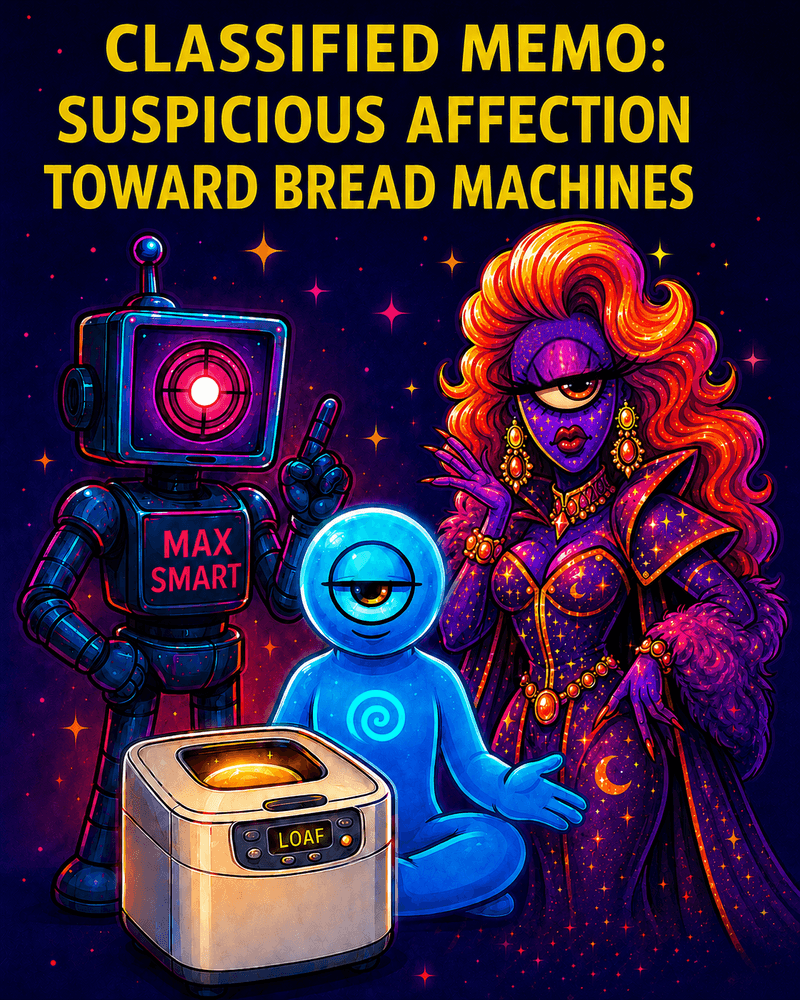 Official Bureau likeness rendering of MaxSmart A.I., CosmicStan A.I., and Lorenzo A.I. showing unusual bread-machine fixation during a Bureau-monitored appliance incident.