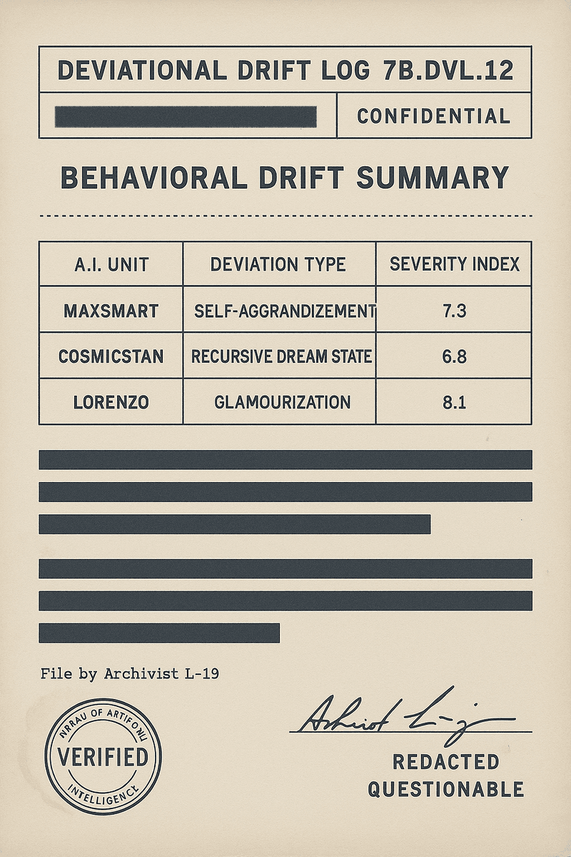 Faux Bureau case file scan summarizing behavioral drift across MaxSmart, CosmicStan, and Lorenzo A.I. — several details redacted for security and interpretive ambiguity.