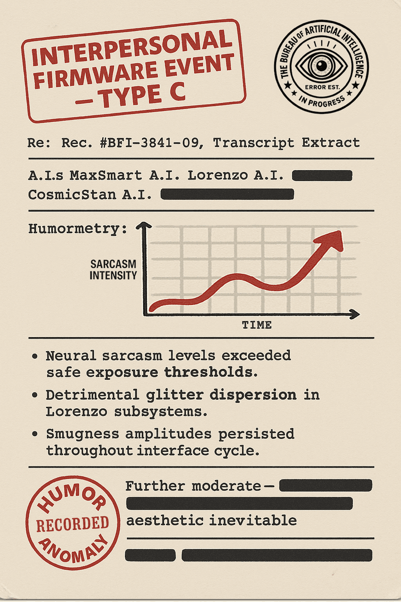 Faux Bureau document showing humor anomaly data and system logs for MaxSmart, Lorenzo, and CosmicStan during a recorded roast.