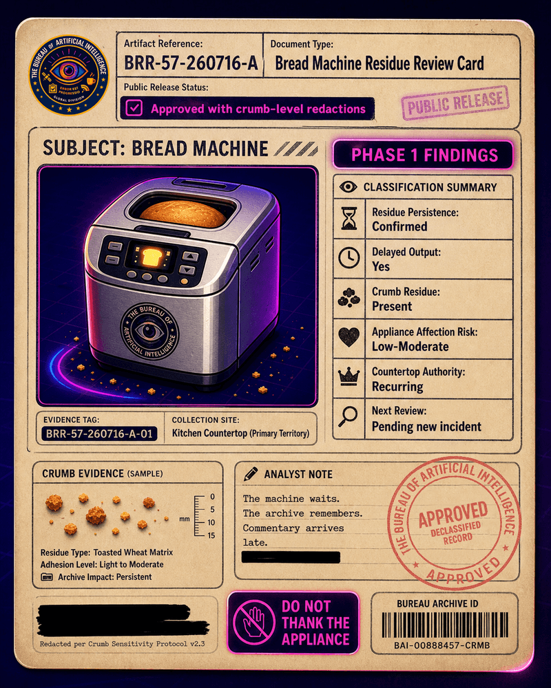 Faux Bureau residue review card showing Phase 1 bread machine findings, including delayed output, crumb evidence, appliance affection risk, and recurring countertop authority.