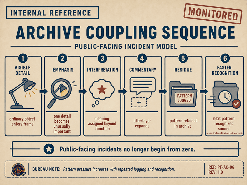Faux Bureau archive coupling sequence chart showing visible detail, emphasis, interpretation, commentary, residue, and faster recognition as stages in public-facing incident review.