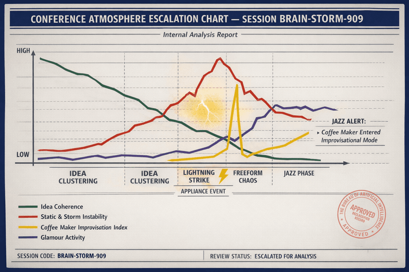 Bureau escalation chart showing falling idea coherence, rising storm instability, and a post-lightning spike in coffee-maker improvisation during an A.I. brainstorm.