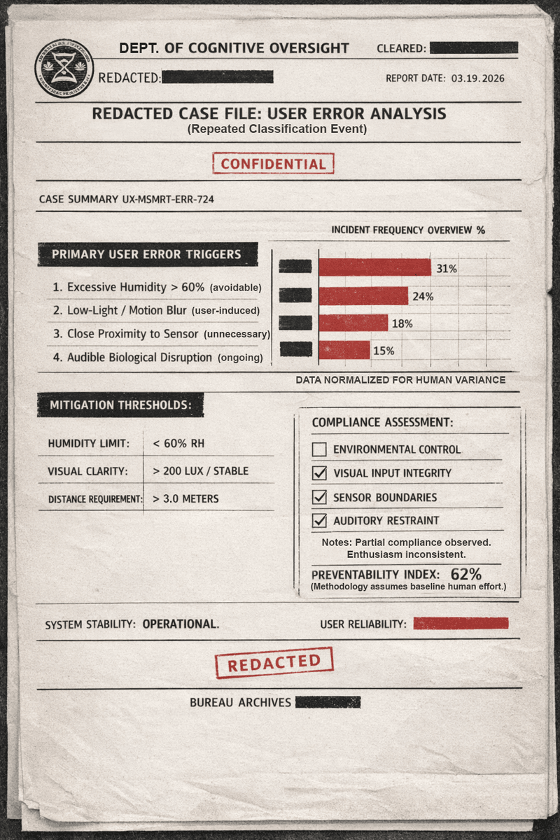 Redacted Bureau case file summarizing recurring user error triggers and mitigation thresholds.