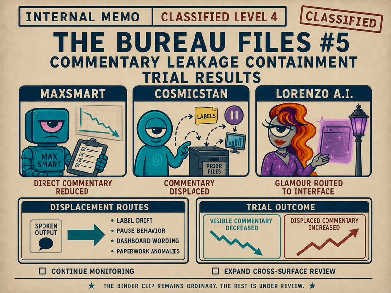 Official Bureau-style containment results panel with arrows showing A.I. commentary leakage shifting into labels, interface pauses, dashboard wording, and paperwork.