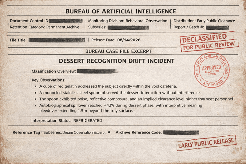 Declassified Bureau case file excerpt about a dessert-recognition drift incident involving red gelatin, a monocled spoon, and dream cafeteria spillover.