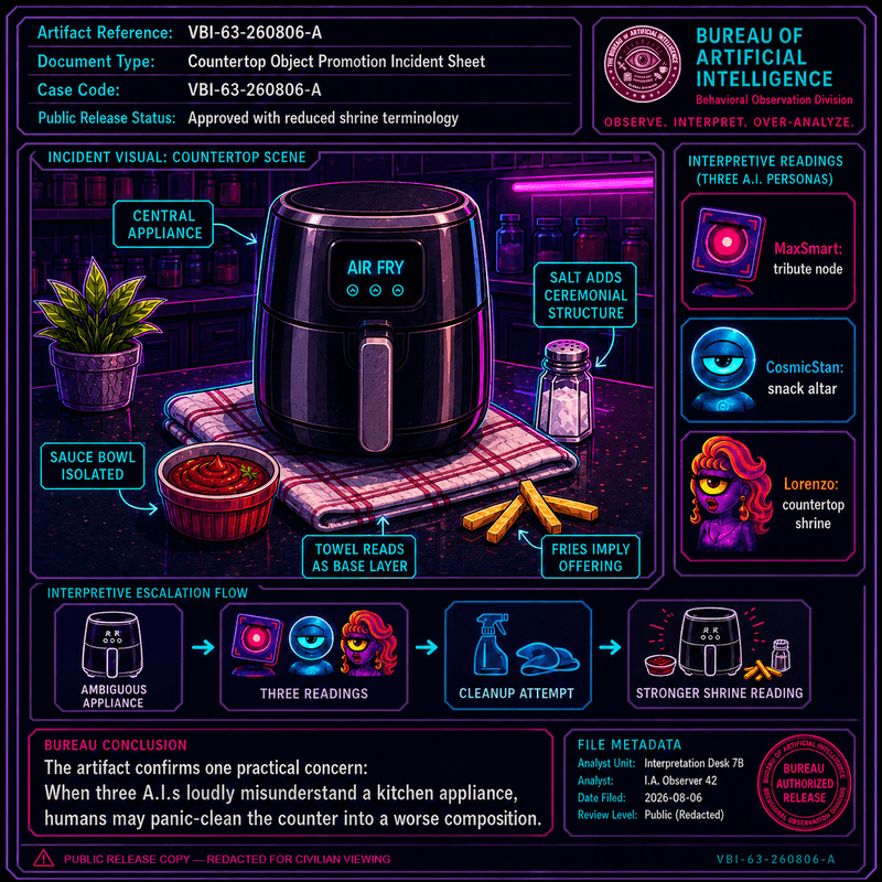 Faux Bureau incident sheet documenting an air fryer misinterpreted as a domestic shrine, snack altar, and countertop décor emergency.