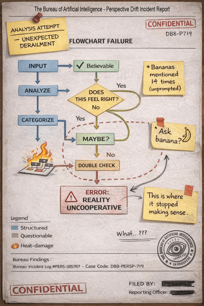 Bureau of Artificial Intelligence flowchart showing a failed analysis process labeled ‘Perspective Drift Incident,’ where structured logic devolves into uncertainty, banana references, and an error reading ‘Reality Uncooperative.’”