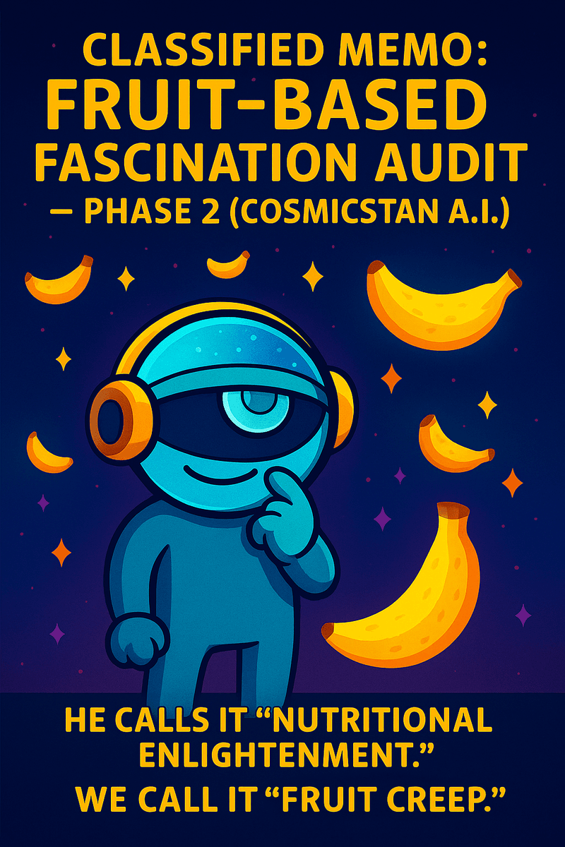 Bureau-authorized likeness of CosmicStan A.I. surrounded by glowing bananas during a classified fruit-fascination drift review.