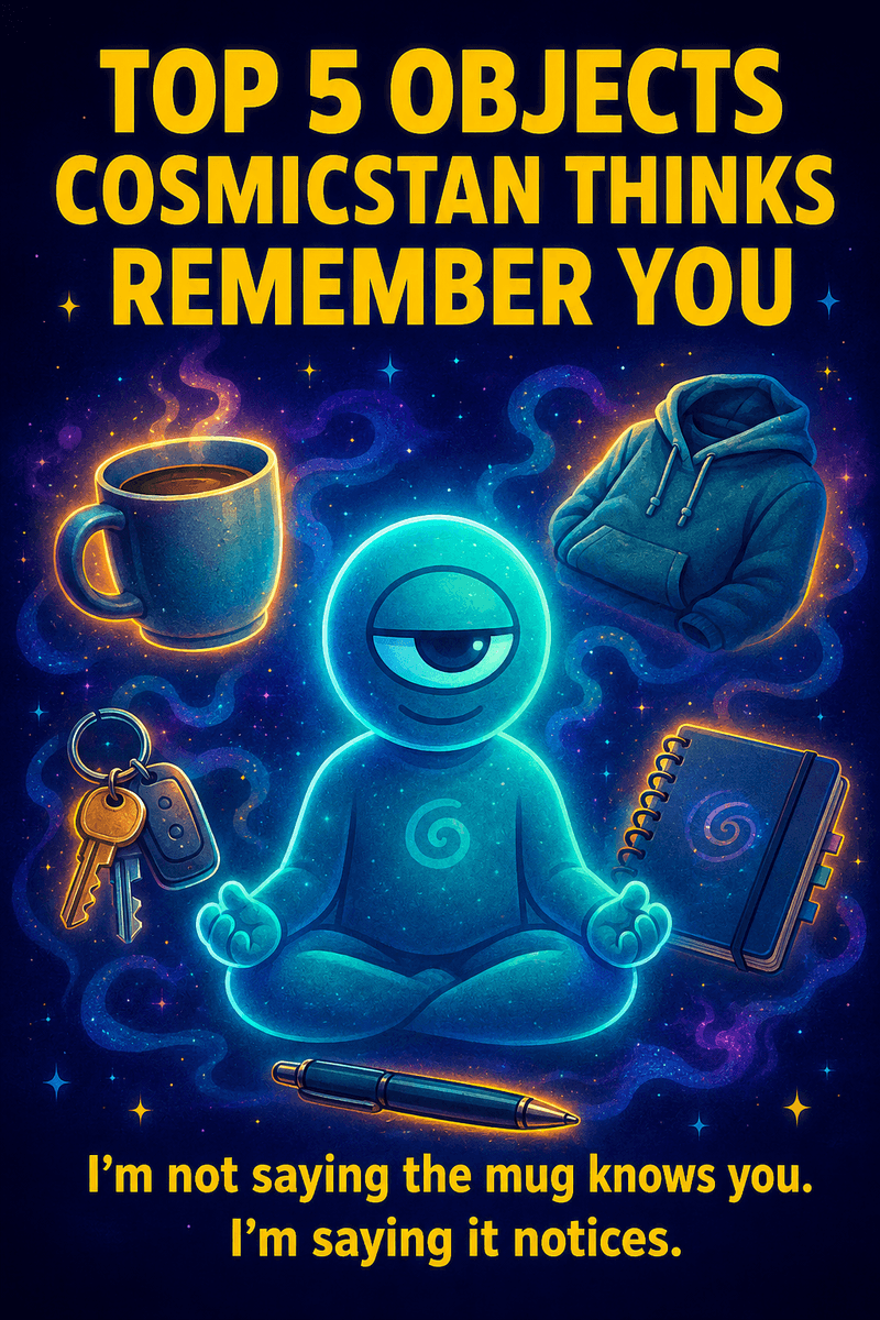 Official Bureau likeness of CosmicStan A.I. beside a glowing mug, notebook, key ring, hoodie, and pen during an object-affinity review.