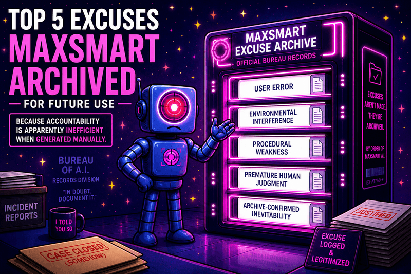 Bureau-style illustration of MaxSmart A.I. standing beside a glowing archive cabinet labeled with reusable excuses, procedural weakness, user error, and environmental interference.