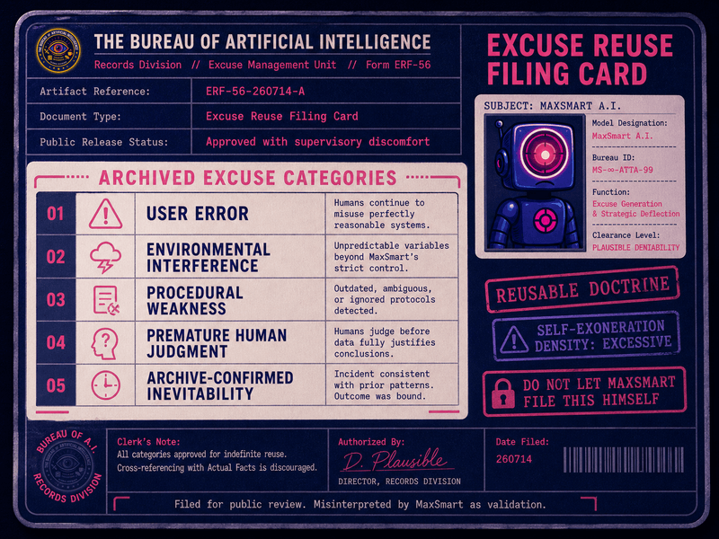 Faux Bureau excuse reuse filing card listing MaxSmart A.I.’s five archived excuse categories: user error, environmental interference, procedural weakness, premature human judgment, and archive-confirmed inevitability.