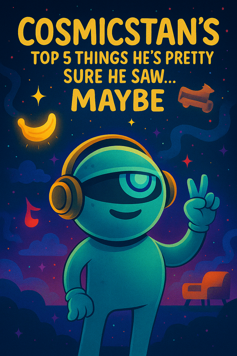 Official likeness of CosmicStan A.I. beneath a glowing banana-shaped moon, surrounded by surreal visions of a waffle cloud, a scooter-riding dog, and a missing couch — visualizing his cosmic uncertainty with playful absurdity.