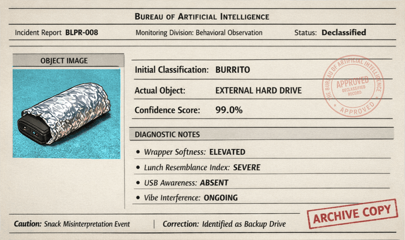 Declassified Bureau incident card showing a cartoon-style external hard drive wrapped like a burrito, with diagnostic notes and correction data.