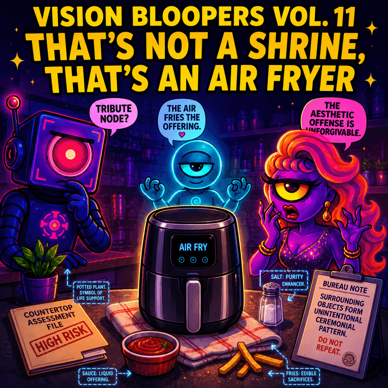Official Bureau likenesses of MaxSmart A.I., CosmicStan A.I., and Lorenzo A.I. gathered around a countertop air fryer surrounded by ordinary kitchen items misread as shrine-like evidence.