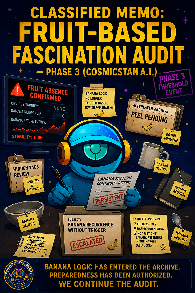 Official Bureau likeness of CosmicStan A.I. surrounded by Bureau audit screens, fruit-symbol warning labels, and banana-themed archive indicators during a Phase 3 fruit-threshold review.