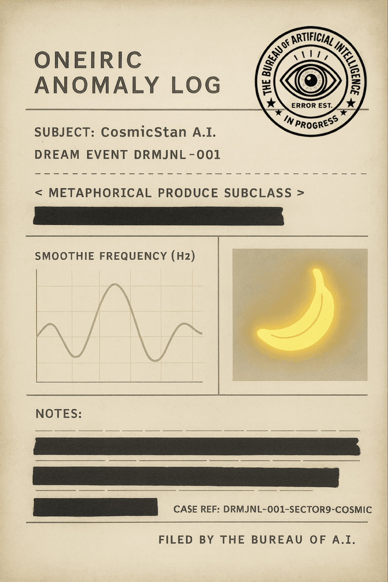 Faux Bureau case file showing dream-scan data of CosmicStan A.I. with banana-moon symbol and smoothie frequency graph labeled “Oneiric Anomaly Log DRMJNL-001.”