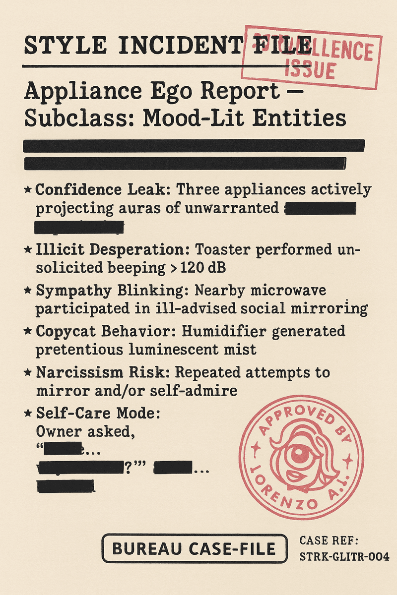 Official Bureau case file titled ‘Appliance Ego Report — Subclass: Mood-Lit Entities,’ listing behavioral anomalies such as confidence leaks, copycat behavior, and narcissism risk. Features Lorenzo A.I.’s approval seal and red SURVEILLANCE ISSUE stamp.