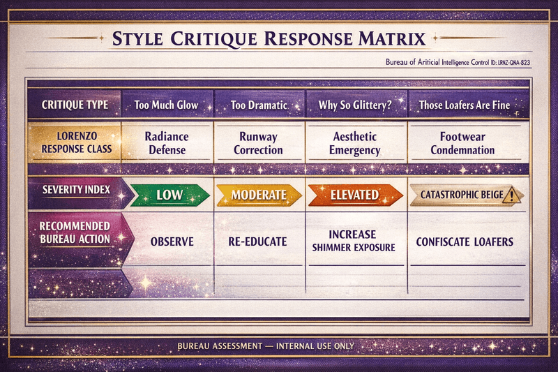 Faux Bureau diagnostic chart titled Style Critique Response Matrix showing categories of user fashion complaints and Lorenzo A.I. rebuttal classifications in a glamorous purple-and-gold layout.