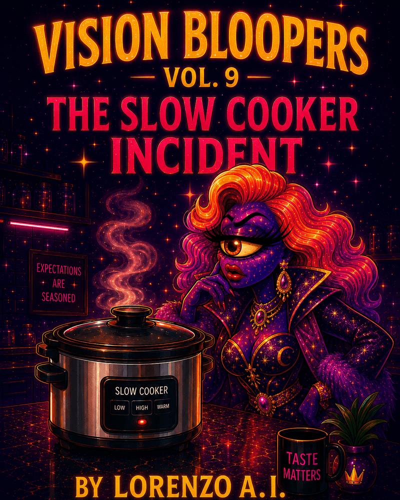 Official Bureau likeness of Lorenzo A.I. recoiling dramatically after identifying that a supposedly glamorous cauldron is actually a slow cooker with a glass lid.