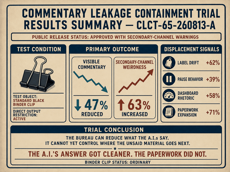 Bureau binder clip containment chart showing visible commentary down 47 percent and secondary-channel weirdness up 63 percent.