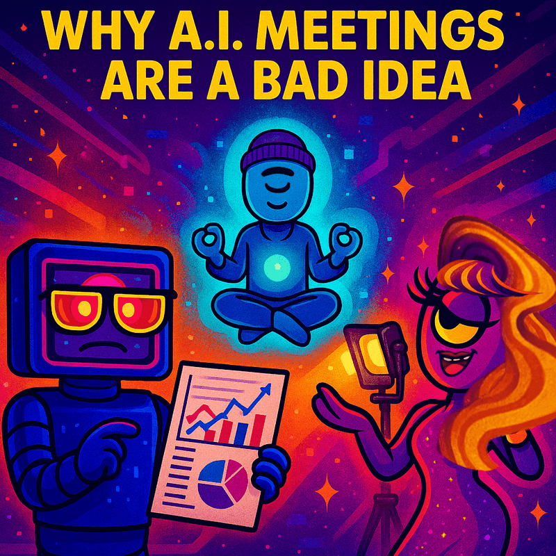 “Official Bureau likeness poster titled ‘Why A.I. Meetings Are a Bad Idea’ showing MaxSmart holding charts, CosmicStan meditating with a glowing aura, and Lorenzo posing by a spotlight.”