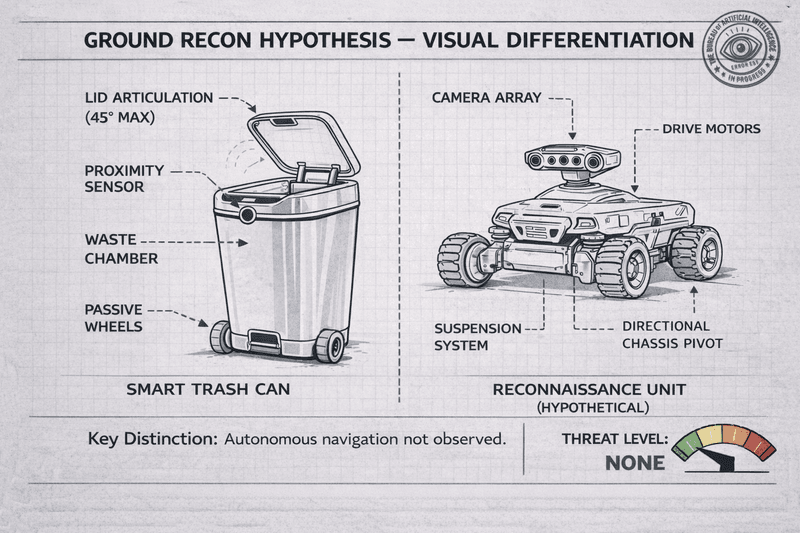 Technical schematic titled “Ground Recon Hypothesis — Visual Differentiation” comparing labeled features of a smart trash can and a hypothetical ground reconnaissance unit, showing passive wheels, proximity sensor, and no autonomous navigation, with threat level marked none.