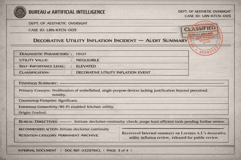 Bureau audit summary document classifying single-purpose kitchen gadgets as a decorative utility inflation event with high clutter risk and negligible utility value.