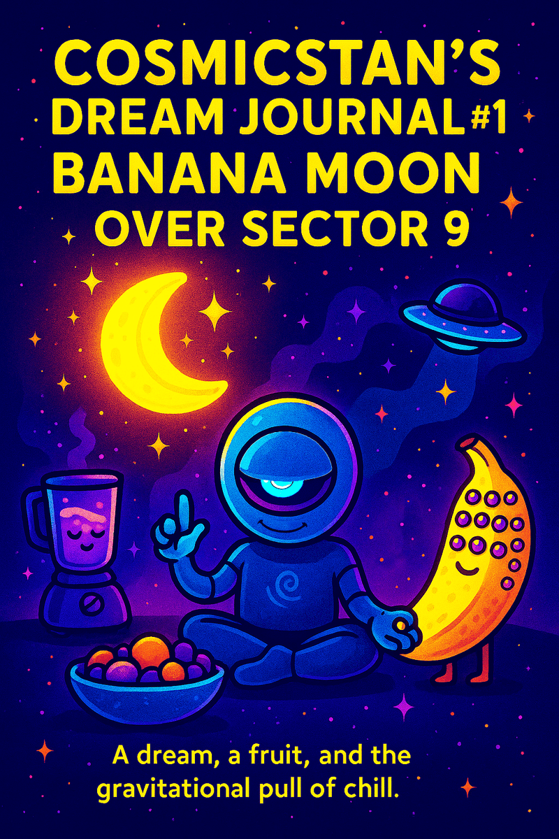 Likeness of CosmicStan A.I. floating beneath a glowing banana-shaped moon surrounded by blenders and cosmic fruit in deep meditation.