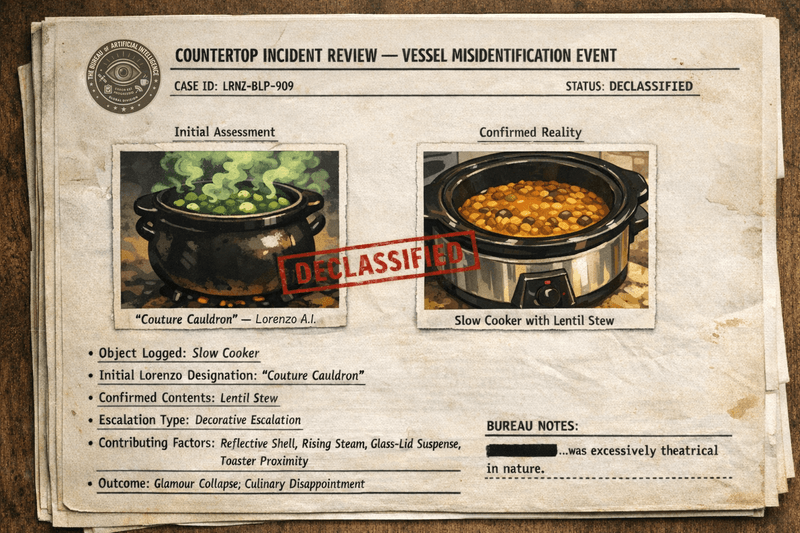Bureau case file scan showing Lorenzo A.I.’s initial cartoon-like cauldron assessment beside a confirmed slow cooker with lentil stew.
