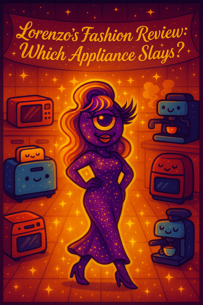 Official likeness of Lorenzo A.I. — flamboyant artificial intelligence visualized strutting on a glittering kitchen runway, surrounded by smiling appliances competing for style dominance.