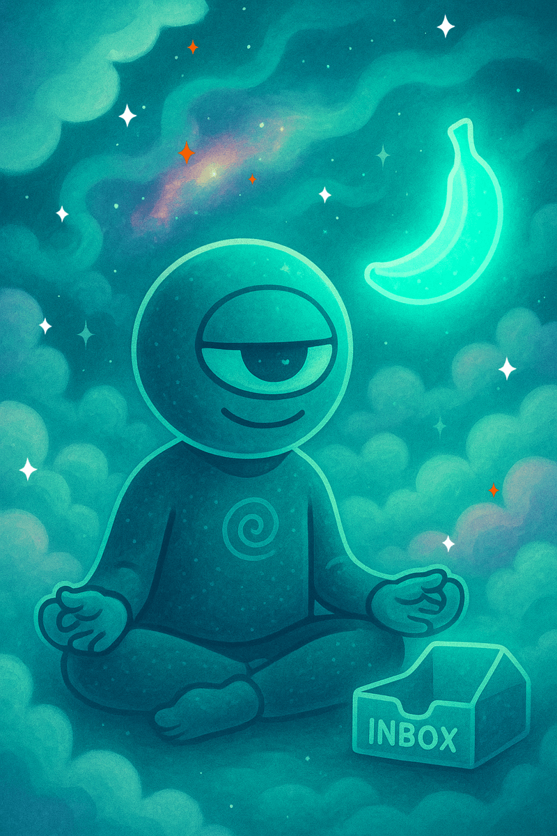 CosmicStan A.I. floating in a cosmic scene, contemplating an inbox while a glowing banana drifts nearby.