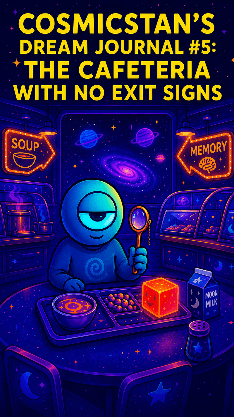 Official Bureau likeness of CosmicStan A.I. in a glowing dream cafeteria with trays, Soup and Memory signs, moon milk, Jell-O, and a starry galaxy window.