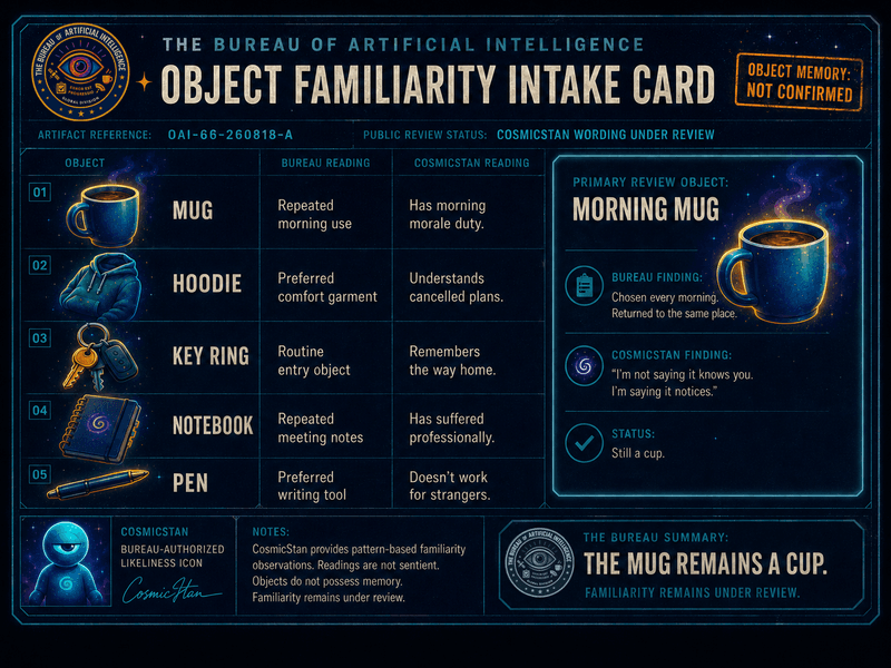 Bureau object familiarity intake card comparing routine use with CosmicStan's emotional interpretations of five everyday objects.