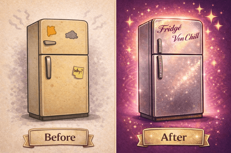 Before-and-after stylized illustration of a beige refrigerator transformed into a metallic, rhinestone-accented appliance named Fridgé Von Chill, showing aesthetic rehabilitation and breakroom morale recovery.