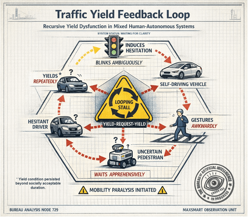 Diagram showing recursive yielding behavior across vehicles, pedestrians, and smart signals
